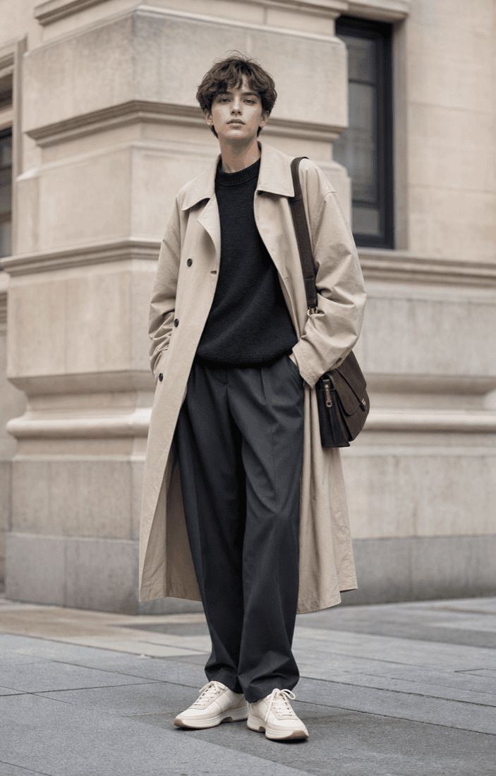 Un look de rue analysé par Nolera : trench, maille, pantalon large, sneakers