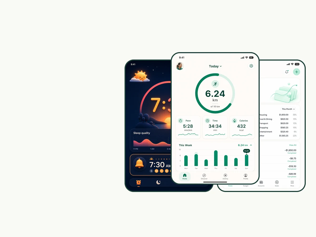 Trois écrans d'application iOS