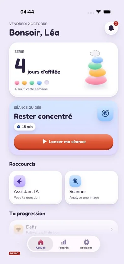 Accueil de l'app avec la série et la séance du jour