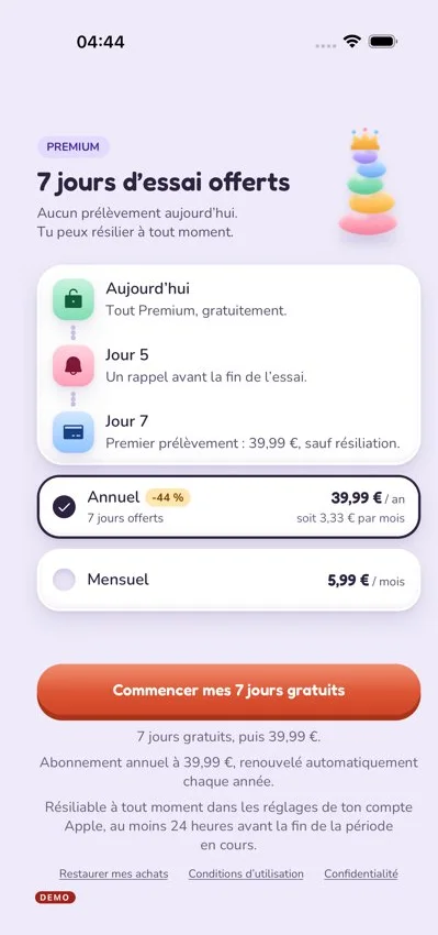 Paywall avec l'essai gratuit de 7 jours