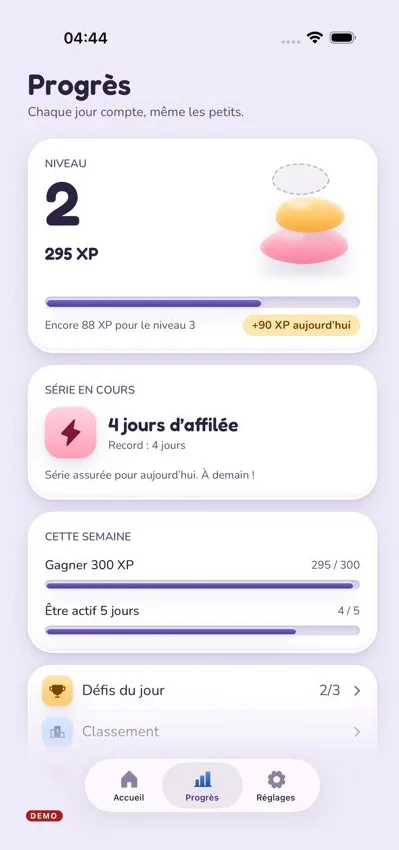 Écran des progrès avec le niveau et les défis