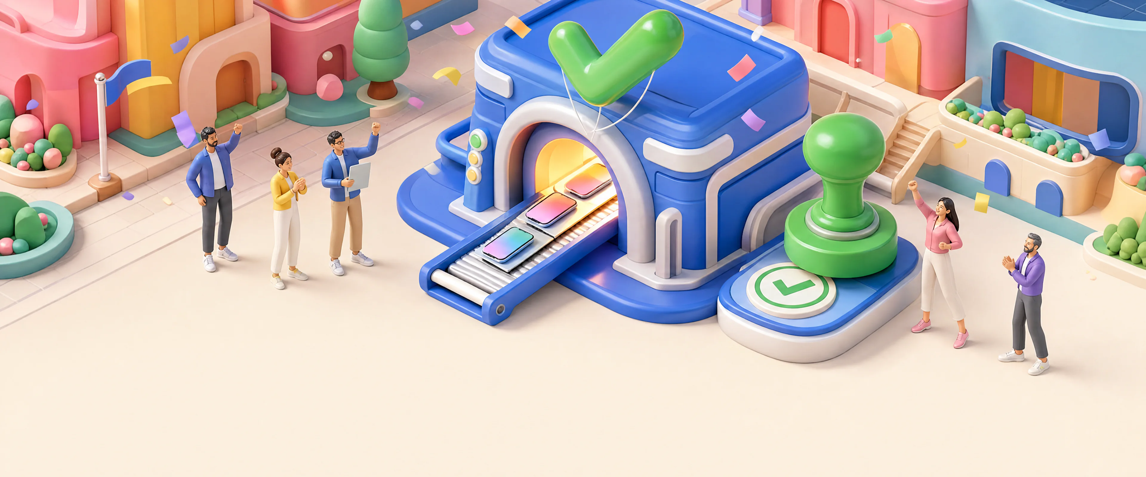 Des iPhone franchissent le portique d'Apple sous un ballon coche vert